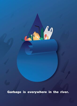 Garbage is everywhere in the river and waste debris in the sea.のイラスト素材
