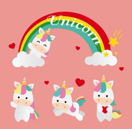character design 4 cute unicorn and rainbow happy heart loveのイラスト素材