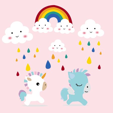 character design Magic cute unicorn stars in rainbow on pink backgroundのイラスト素材