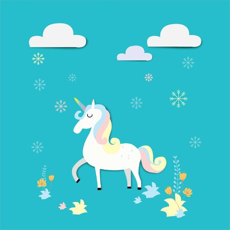 cute white Unicorn running on snow dayのイラスト素材