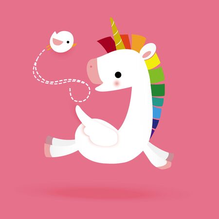 Unicorn horses are running with birds.のイラスト素材