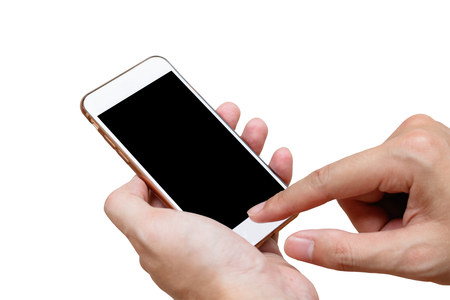 Human hand holding white phone on black screen isolated  with clipping pathの写真素材