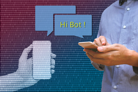 Chat bot and future marketing concept, Man holding smart phone chatting with robot hands communicate...