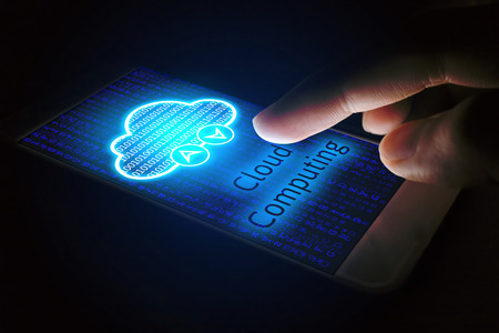 Cloud computing concept, Man using smartphone with virsual screen.
