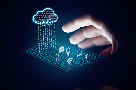 Cloud computing concept, Woman using smartphone and protection with virsual screen.
