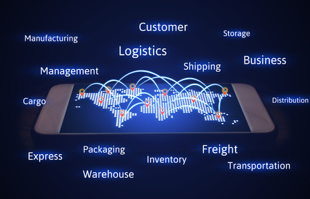 Logistics concept, world map with connecting transport and virtual screen on smartphone.の写真素材