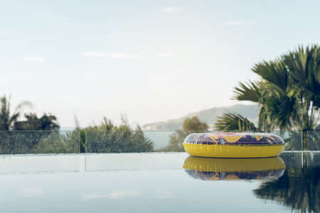 Floating swim ring in a swimming pool overlooking the sea and mountains in the background.