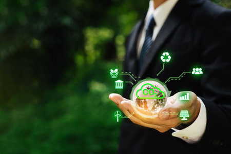 Hand for environmental, global warming, Sustainable development and green business based on renewable energy. Reduce CO2 emission concept.の写真素材