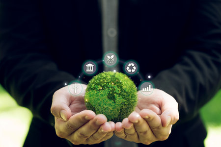 Concept of the Environment World Earth Day. Hands holding green earth, Saving environment, and...