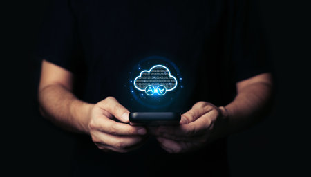 Man using smartphone with database storage cloud technology file data transfer sharing, internet...