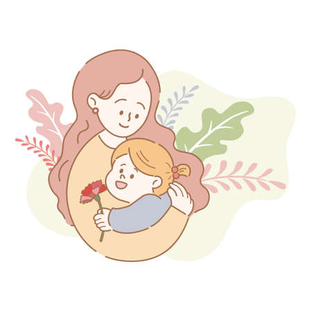 Happy Mother's Day ! Mothers day card design with mother holding her child. Hand drawn vector illustration set. carnation, greeting card, love mom, thank you.のイラスト素材