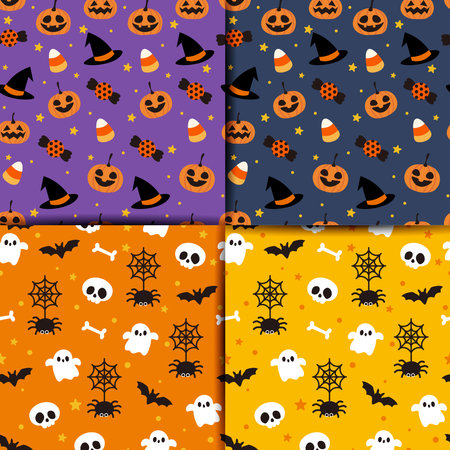 Happy Halloween seamless patterns design set. Color icons of skull, pumpkins, spider, ghost. Vector illustration.のイラスト素材