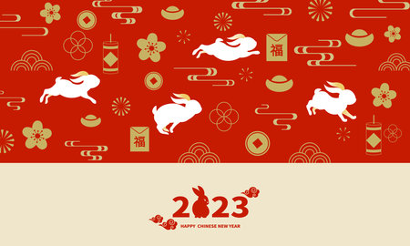Happy New Year 2023 design in Chinese style. Red pattern of Chinese elements, rabbit zodiac sign, Chinese elements. Template banner, poster, greeting cards.のイラスト素材