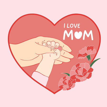 Mother's Day greeting cards, baby holding mother's hand, carnation flower on the heart shaped background. vector illustration.のイラスト素材