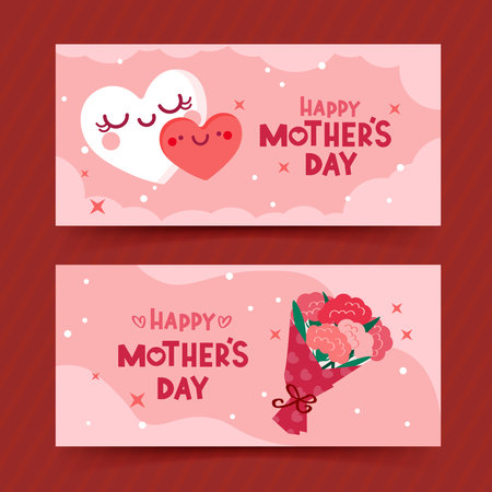 Vector set of Mother's Day banners with cute hearts and carnations blooming. Flat design of beautiful botanical.のイラスト素材