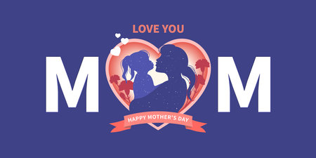 Mother's Day design with mother holding child in heart shaped silhouette paper cut style. Vector Illustration.のイラスト素材