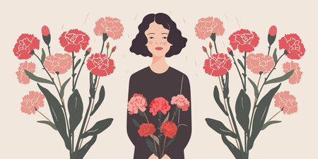 Mother's Day banner design featuring a mother holding carnation flowers, in a simple, vintage flat style vector illustration.のイラスト素材