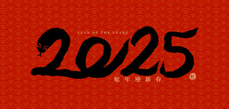 2025 Chinese New Year, combining the snake with numbers, in a Chinese calligraphy style on a red background, Year of the Snake. Vector illustration.のイラスト素材