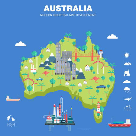 modern country development flat indystry map  vector idea concept with technologies icons communicationのイラスト素材