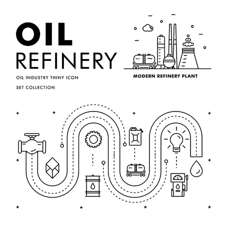 Modern petrol industry thin block line flat icons and composition with gas station technology  and development gasoline program in black and white styleのイラスト素材