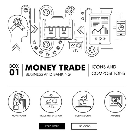 Modern banking business and trade industry thin line block flat icons and compositions, development strategy with information and mobile technologies graph and idea concept informationのイラスト素材