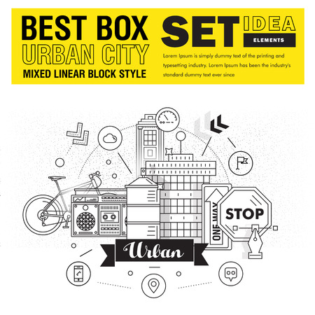Modern best box urban city elements include set good ideas and concept development city buildings elements in mixed thin linear style.のイラスト素材