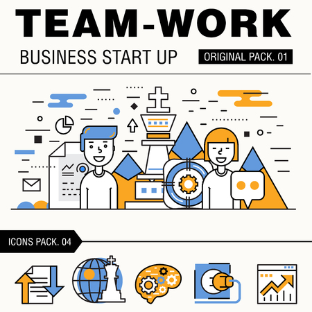 Modern team work pack. Thin line icons business works. Group people organization meeting future business industry elements.のイラスト素材