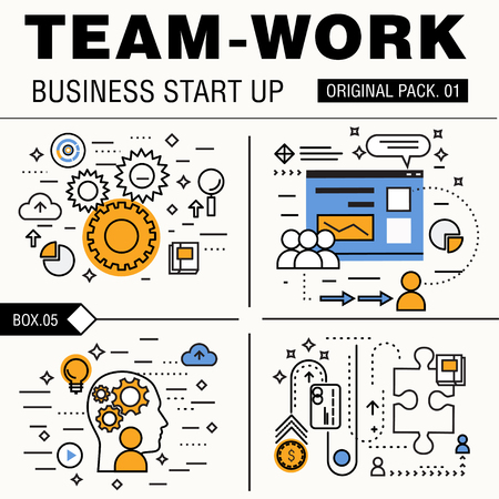 Modern team work pack. Thin line icons business works. Group people organization meeting future business industry elements.のイラスト素材