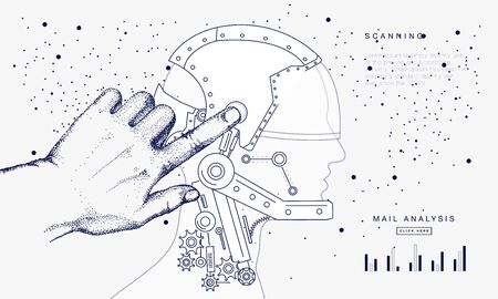 Innovations systems connecting people and robots devices. Future technologies in automatics cyborg systems and computers industry from awesome internet developments. Geometry style with linear pictogramのイラスト素材