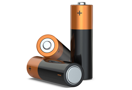 Three batteries on a white background, 3D render.の写真素材