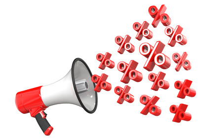 3d rendering of red megaphone with percent symbols, isolated on white background. 3d illustration of the concept of discounts and sales.の写真素材