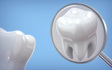 Dental model of tooth and dental equipment, 3d rendering on blue backgroun. 3d illustration as a concept of dental examination teeth, dental health and hygieneの写真素材