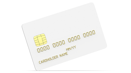 Debit plastic card or credit card, white with gold symbols. 3D render of blank white template for mock up and presentation design. Isolated on white background.の写真素材