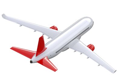 High detailed white airliner with a red tail wing, 3d render on a white background. Back view of Airplane, isolated 3d illustration. Airline Concept Travel Passenger plane. Jet commercial airplaneの写真素材