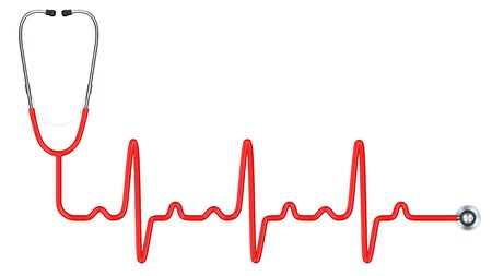 Red Stethoscope in the Shape of a Heart Beat. Stethoscope Medicine Equipment and Medical Health Care Symbol. 3d Rendering Isolated on White Backgroundの写真素材
