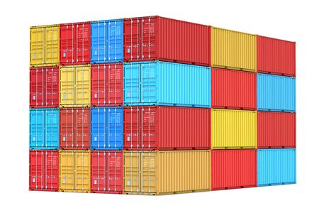 Stacks of colorful sea cargo containers at the docks as a concept of import, export and logistic. 3d...