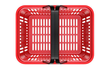 Top view of a Red empty customer plastic shopping basket. 3d rendering illustration isolated on...