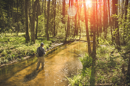 Fishing with tenkara on a small creek. Flyfishing.の写真素材