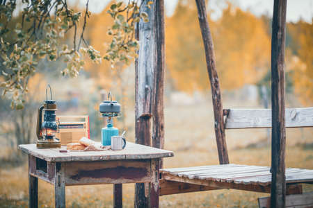 Drink coffee in the evening in a rustic garden.のeditorial素材