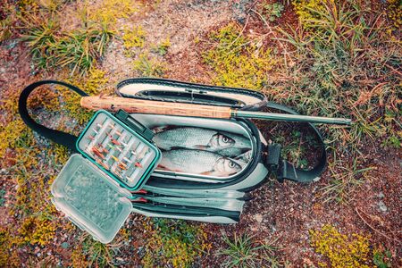 Fishing tackle lies on the shore. Fly fishing