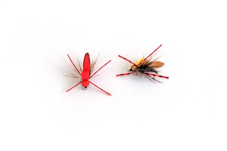 Dry fly fly fishing, closeup on white background.の写真素材