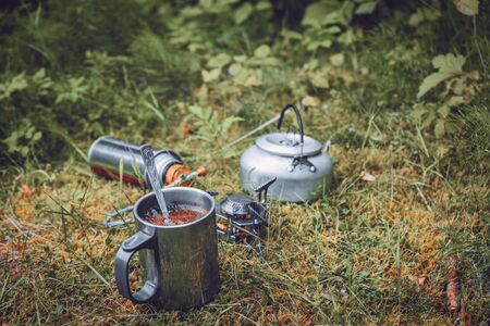 Fresh coffee on a gas burner during the campaign.の写真素材