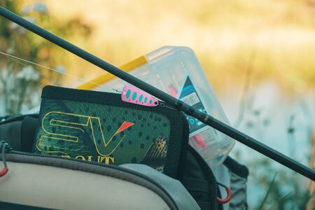 Minsk region. Belarus - May 26, 2019: baits of the SVFishing brand. Box for baits brand Favorite.の写真素材