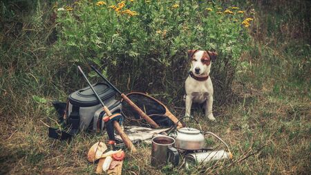 Fishing tackle on the river. Snack on a fishing trip.の写真素材
