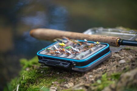 Box with flies. Fly fishing and tenkara.
