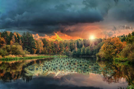 Trout dreams. Multiple Exposure. Wild brown trout in the river on a background of picturesque sunset sky and the autumn forest.の写真素材