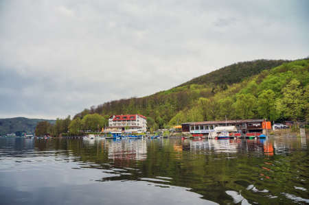 Germany Neighborhoods Ederzee lake. April 29.2012: Pleasure boats on the lake.のeditorial素材