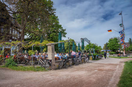 Germany.Speyer. April 30.2012: Cafe on the embankment of the river Rhine in Speyer, Germany.のeditorial素材