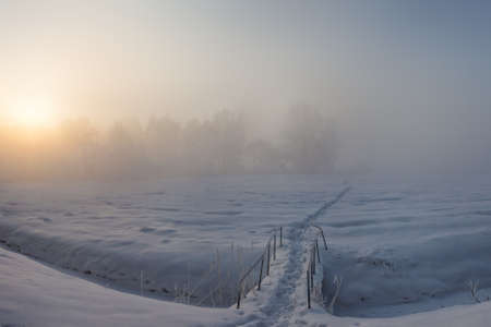 Winter misty sunrise on the river. Stitched panoramaの写真素材