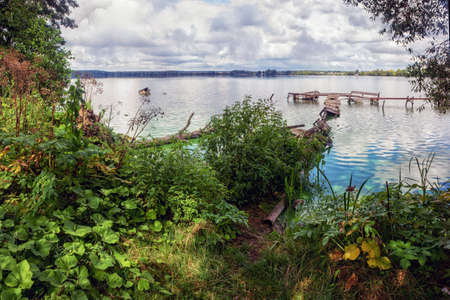 Footbridges on the surface of the lake. Stitched panoramaの写真素材